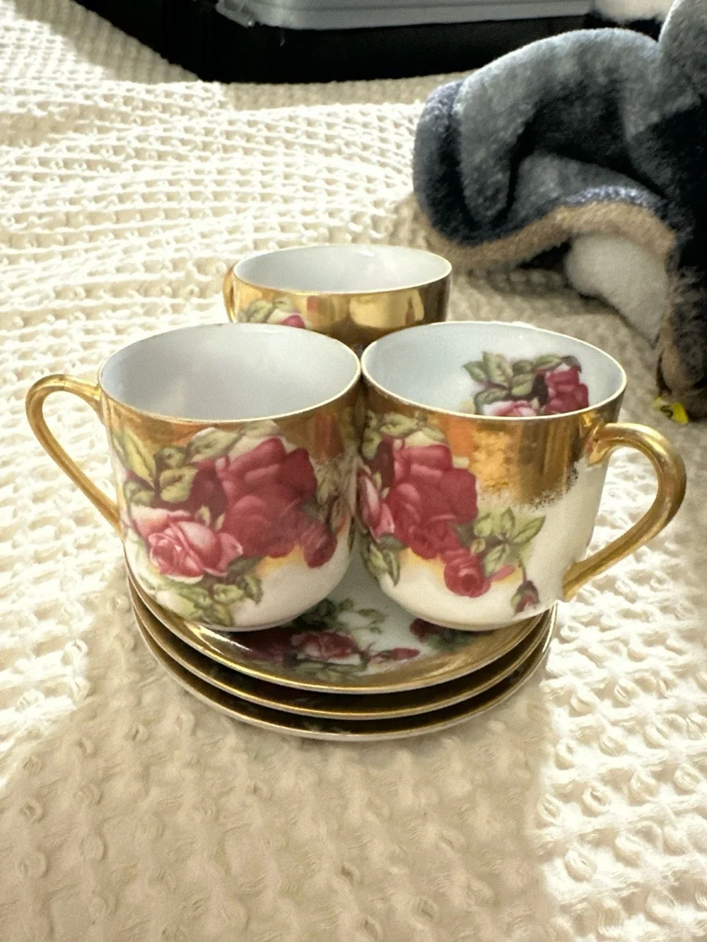 Vintage Rose-Pattern Porcelain Espresso Cups & Saucers with Gold Trim